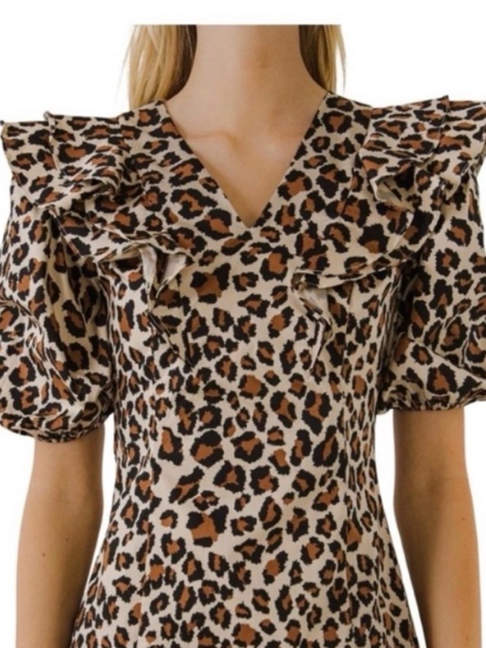 English Factory Leopard Print NWT Puff-Sleeve V-Neck Mini Dress, XS - Picture 2 of 7